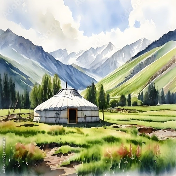 Fototapeta Serenity in the Mongolian Steppes: A Watercolor of a Traditional Yurt