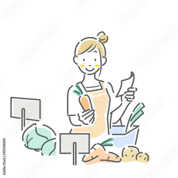 Fototapeta スーパーで食料品の買い物をする女性　シンプルでお洒落な線画イラスト