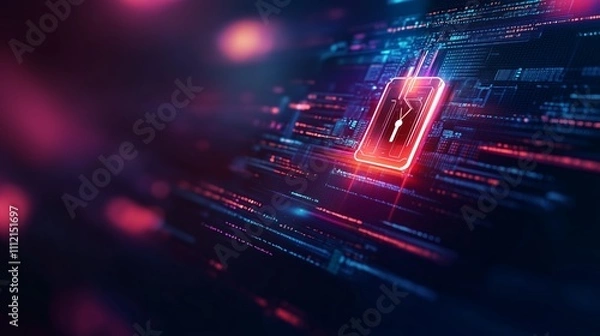 Fototapeta Digital security interface showcasing a lock symbol on a smartphone with data streams in a futuristic setting