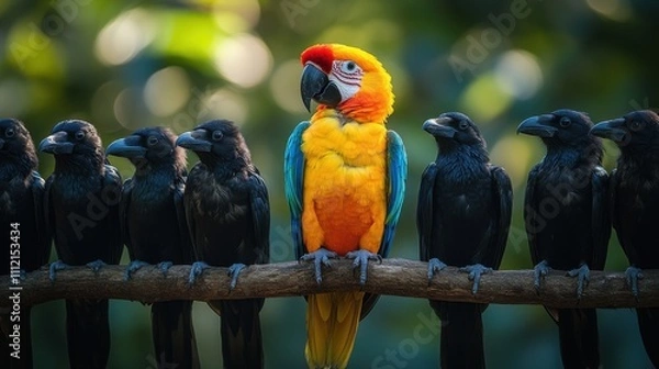 Obraz A vibrant, colorful parrot perched confidently among a group of black crows on a branch, representing the themes of individuality, diversity, and boldly standing out in a crowd