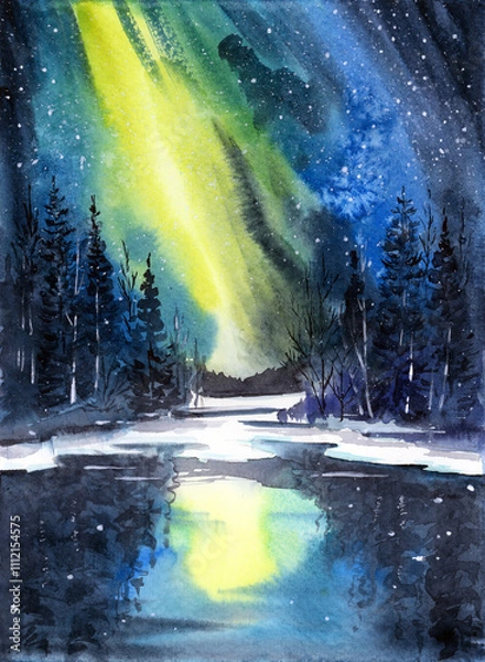 Fototapeta Watercolor illustration of a winter night landscape with a lake, fir trees on the shore and northern lights in the night sky (This illustration was drawn by hand without the use of generative AI!)