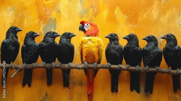 Obraz A vibrant, colorful parrot perched confidently among a group of black crows on a branch, representing the themes of individuality, diversity, and boldly standing out in a crowd