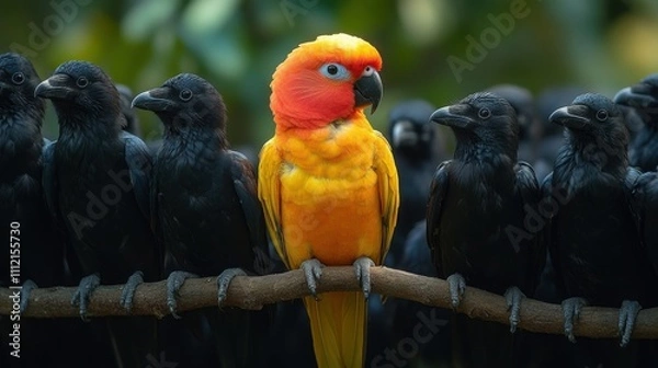 Obraz A vibrant, colorful parrot perched confidently among a group of black crows on a branch, representing the themes of individuality, diversity, and boldly standing out in a crowd
