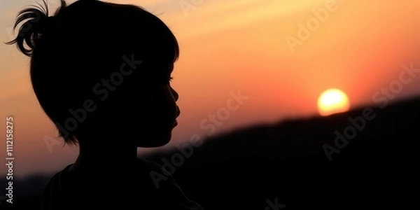 Fototapeta Silhouette of a child gazing at the horizon as the sun sets in the distance, calmness, peaceful