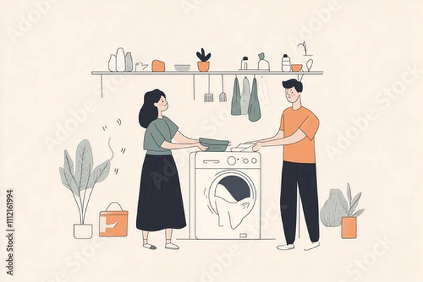 Fototapeta Couple doing laundry together in a cozy home setting with plants and organized shelves