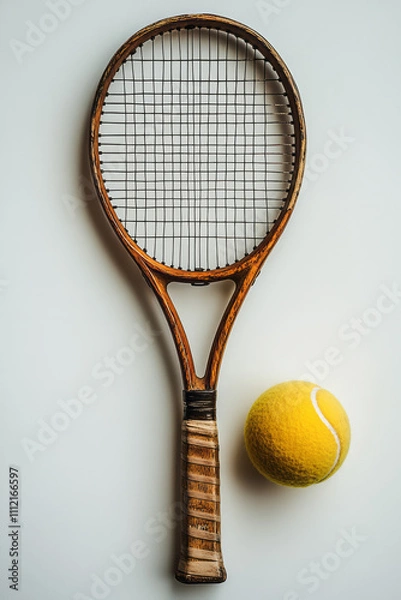Obraz A vintage tennis racket with wooden detailing, paired with a classic yellow tennis ball, arranged elegantly on a bright white background,