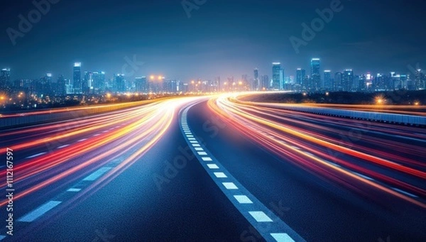 Obraz A city skyline is lit up with neon lights and the road is filled with cars