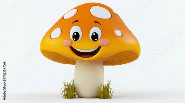 Obraz Smiling Cartoon Mushroom with Spotted Cap in Grassy Meadow Landscape