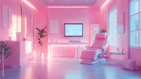 Fototapeta Modern beauty treatment room with soft pink lighting and contemporary furnishings for relaxation and rejuvenation. Generative AI