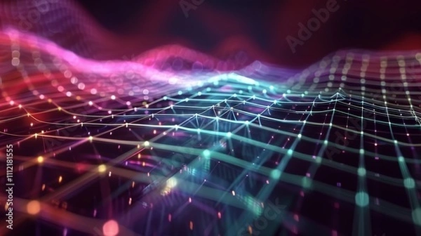 Fototapeta Futuristic plexus network with glowing nodes and vibrant colors forms a dynamic digital landscape, showcasing the intersection of technology and communication in the digital age