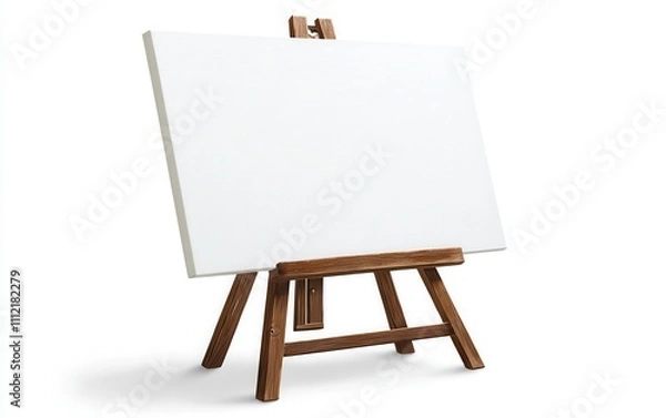 Fototapeta A white blank canvas resting on a classic wooden easel, isolated on a bright white background, captured in high-resolution photography 