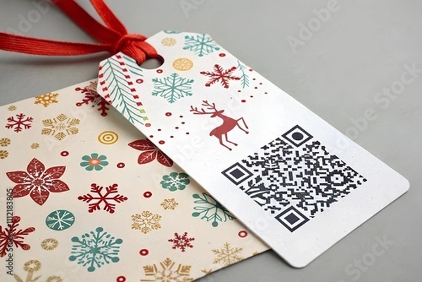 Fototapeta Holiday Gift Tag with QR Code. Generative AI