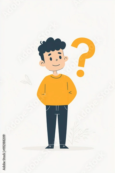 Fototapeta Young boy standing confidently with question mark in playful cartoon style illustration