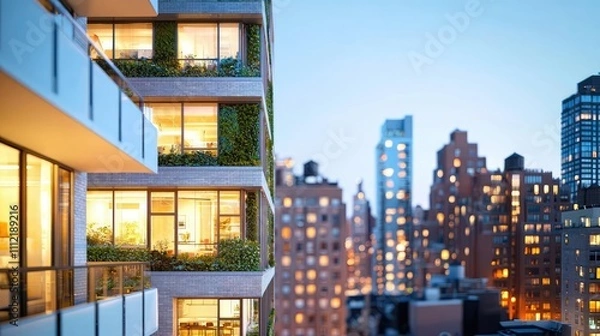 Obraz Modern apartment building overlooking city skyline at dusk.