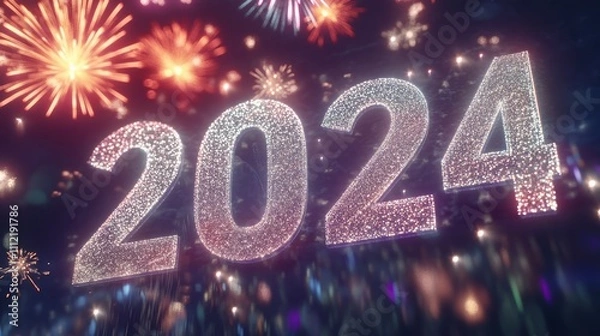 Fototapeta 2024 in silver script with colorful fireworks and starry background