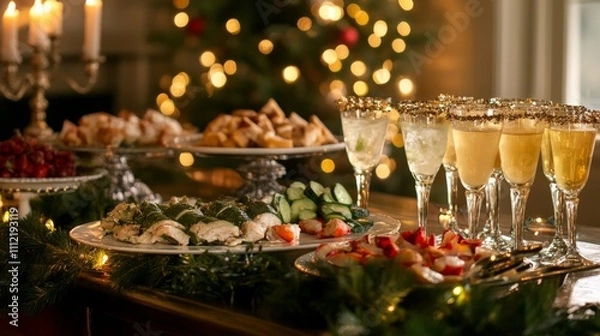 Obraz A large chocolate cake topped with festive  A holiday dessert spread with mini cheesece A holiday buffet table filled with appetize