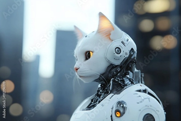 Fototapeta Robot cat with realistic body on blurred background. Cute robotic pet. Futuristic mechanical animal, metal cyborg. Modern technologies and artificial intelligence concept. Cyberpunk, post apocalyptic