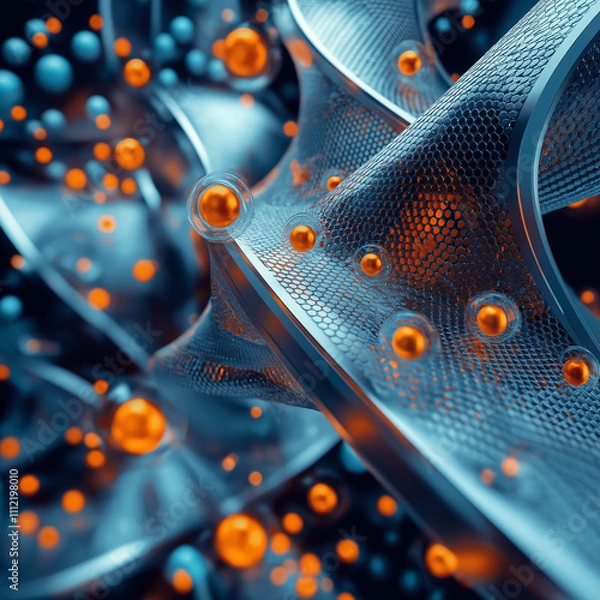 Obraz close up view of abstract structure featuring intricate patterns, metallic textures, and vibrant orange and blue spheres, conveying sense of depth and complexity