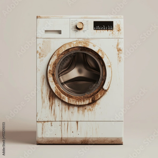 Fototapeta Dirty and aged washing machine with visible stains and wear in indoor setting