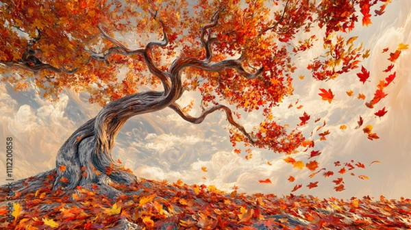 Fototapeta A gnarled tree with vivid red leaves stands against a fiery orange background, creating a vibrant autumnal artistic scene..
