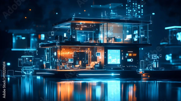 Fototapeta The concept of the Internet of Things with an image of a smart home, featuring various connected devices and appliances AI