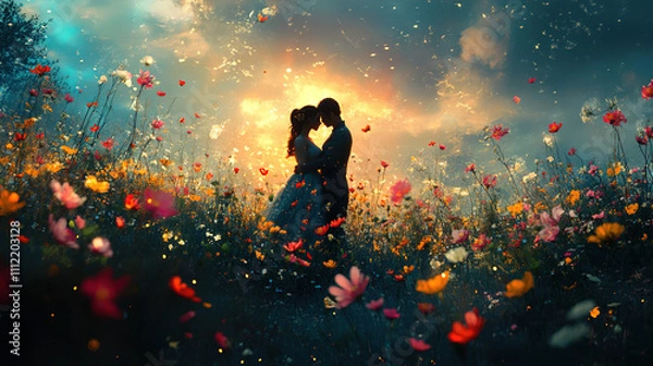 Fototapeta Couple embraces amid vibrant flowers at sunset in a picturesque outdoor setting. Generative AI