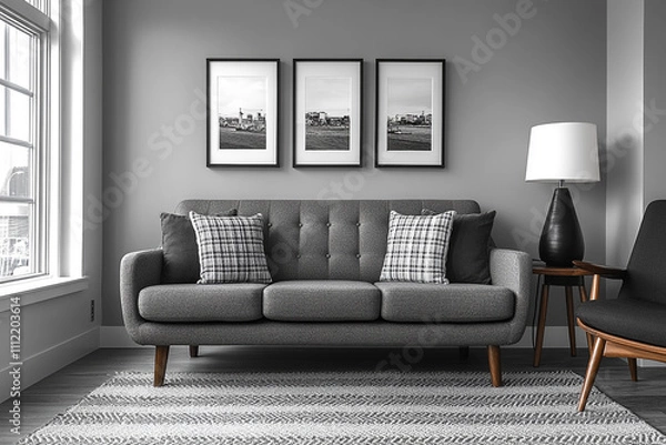 Fototapeta Modern Grey Living Room Decor With Cityscape Artwork