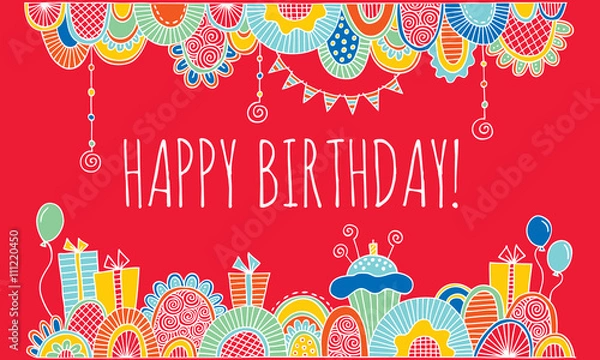 Fototapeta Happy Birthday With Hand Drawn Border Vector with Red Background