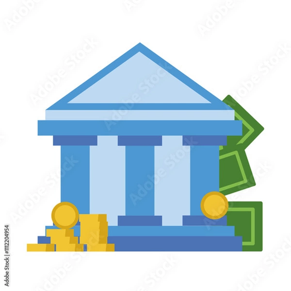 Obraz Bank building, bills and coins. Vector simple color flat illustration.