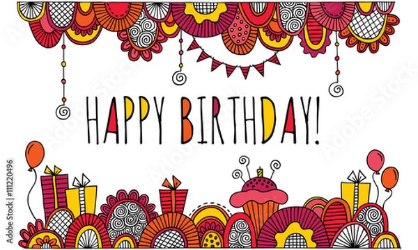 Fototapeta Happy Birthday With Hand Drawn Border Vector Bright Colours