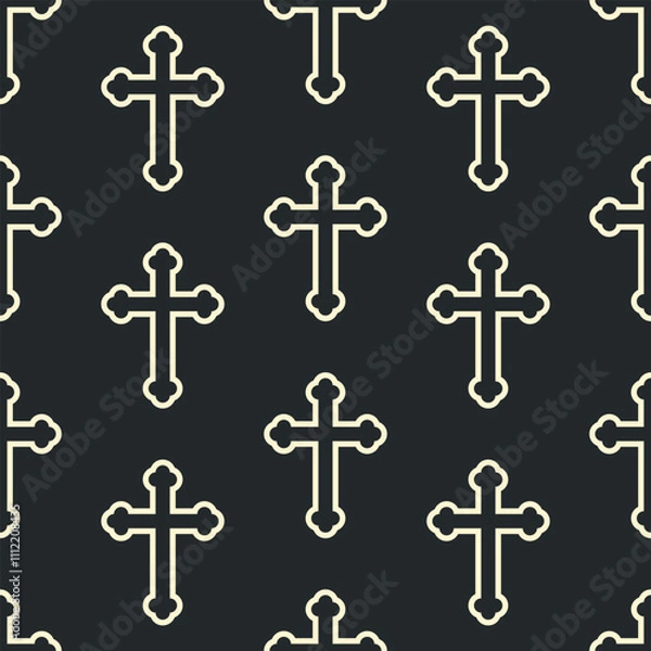 Fototapeta White christian outline crosses on black background. Vector seamless pattern.