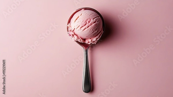 Obraz A scoop of pink ice cream on a metal spoon.