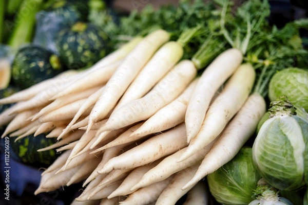 Fototapeta Close-up of white radishes with leafy tops on display at a local market, representing fresh and organic produce for cooking and salads.
