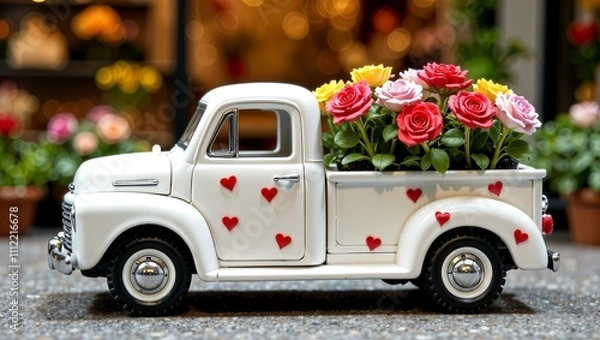 Obraz Flowers delivery car with roses and red hearts on the flower shop background