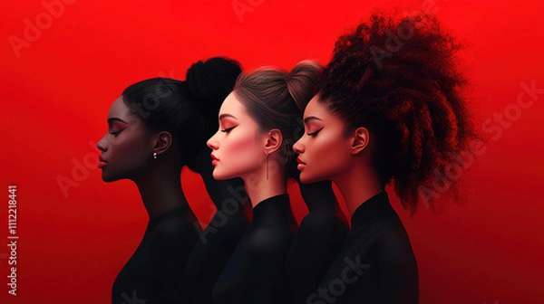 Fototapeta Diversity of beauty captured in an artistic portrait of three women against a vibrant red background. Generative AI