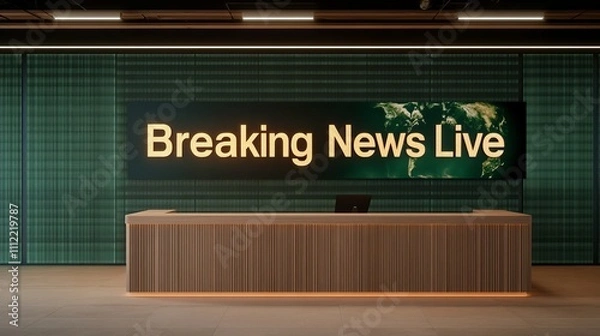 Obraz Hyper-realistic news studio featuring glowing text "Breaking News Live" on a modern wood-grain desk, deep green and beige tones, LED walls displaying nature-focused global updates, Photorealistic