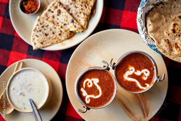 Fototapeta Overhead shot of traditional Indian meal with Dal Makhani, yogurt dip, naan, and papad on a plate, served on a red checkered tablecloth for a cozy dining experience.