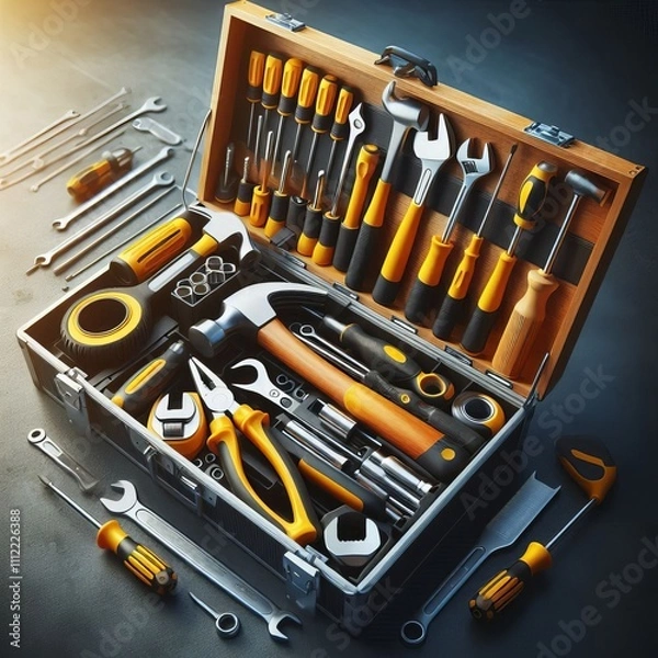 Fototapeta Toolbox A toolbox with tools neatly organized showcasing screwdr