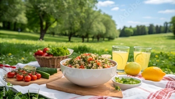Fototapeta Tabbouleh picnic setting with lemonade and greens in a park.