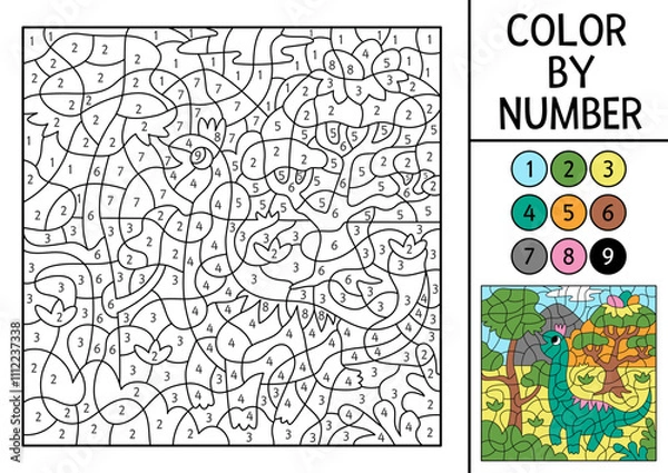 Fototapeta Vector dinosaur color by number activity with brachiosaurus eating leaves. Prehistoric landscape scene. Black and white counting game with ancient animal. Coloring page, mosaic painting for kids