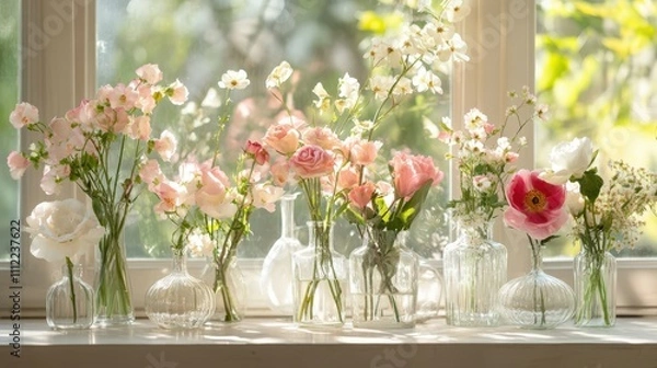 Obraz Delicate pink and white flowers arranged in various glass vases on a bright, sunlit surface in a tranquil indoor setting
