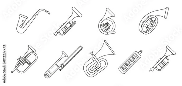 Fototapeta Wind musical instruments with the name in a thin line. Set of wind musical instruments.