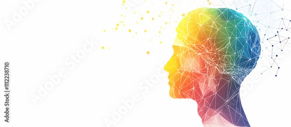 Fototapeta Abstract vector human head with a colorful polygonal brain and dots, an AI technology concept background on a white banner