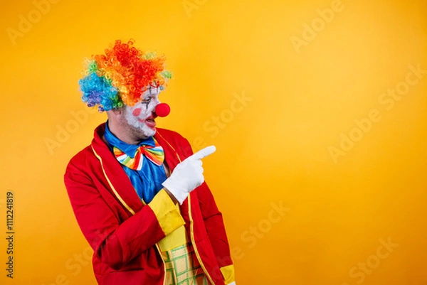 Obraz Smiling clown pointing, vibrant yellow background, fun.