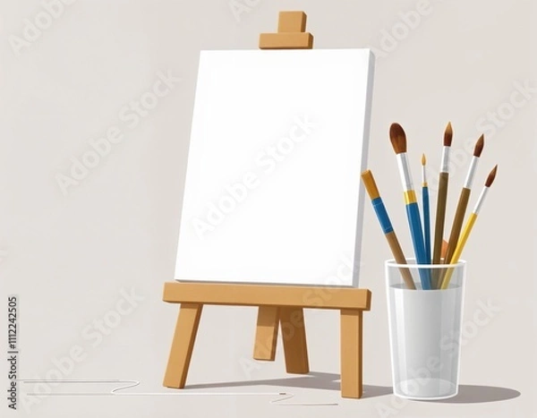 Fototapeta A blank canvas on an easel stands next to a cup filled with paint brushes, clipart style