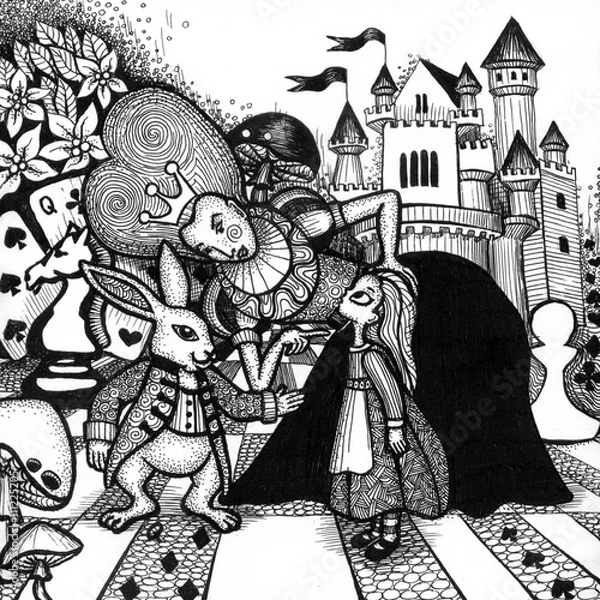 Fototapeta the alice in wonderland story hand drawn outline with texture isolated on the white background