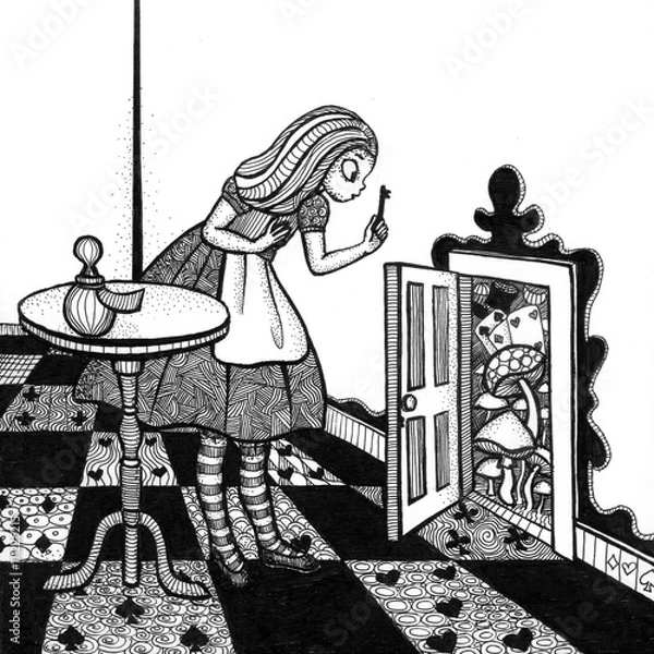 Fototapeta the alice in wonderland story hand drawn outline with texture isolated on the white background