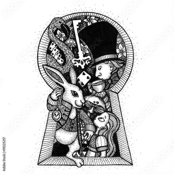 Fototapeta the alice in wonderland story hand drawn outline with texture isolated on the white background