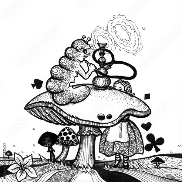 Fototapeta the alice in wonderland story hand drawn outline with texture isolated on the white background