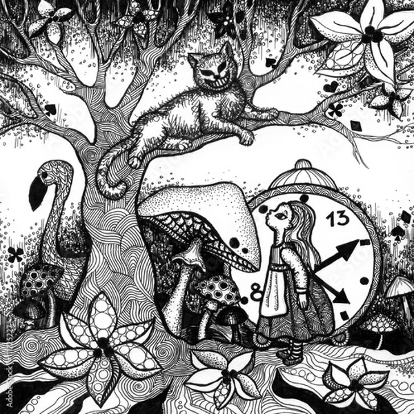 Fototapeta the alice in wonderland story hand drawn outline with texture isolated on the white background